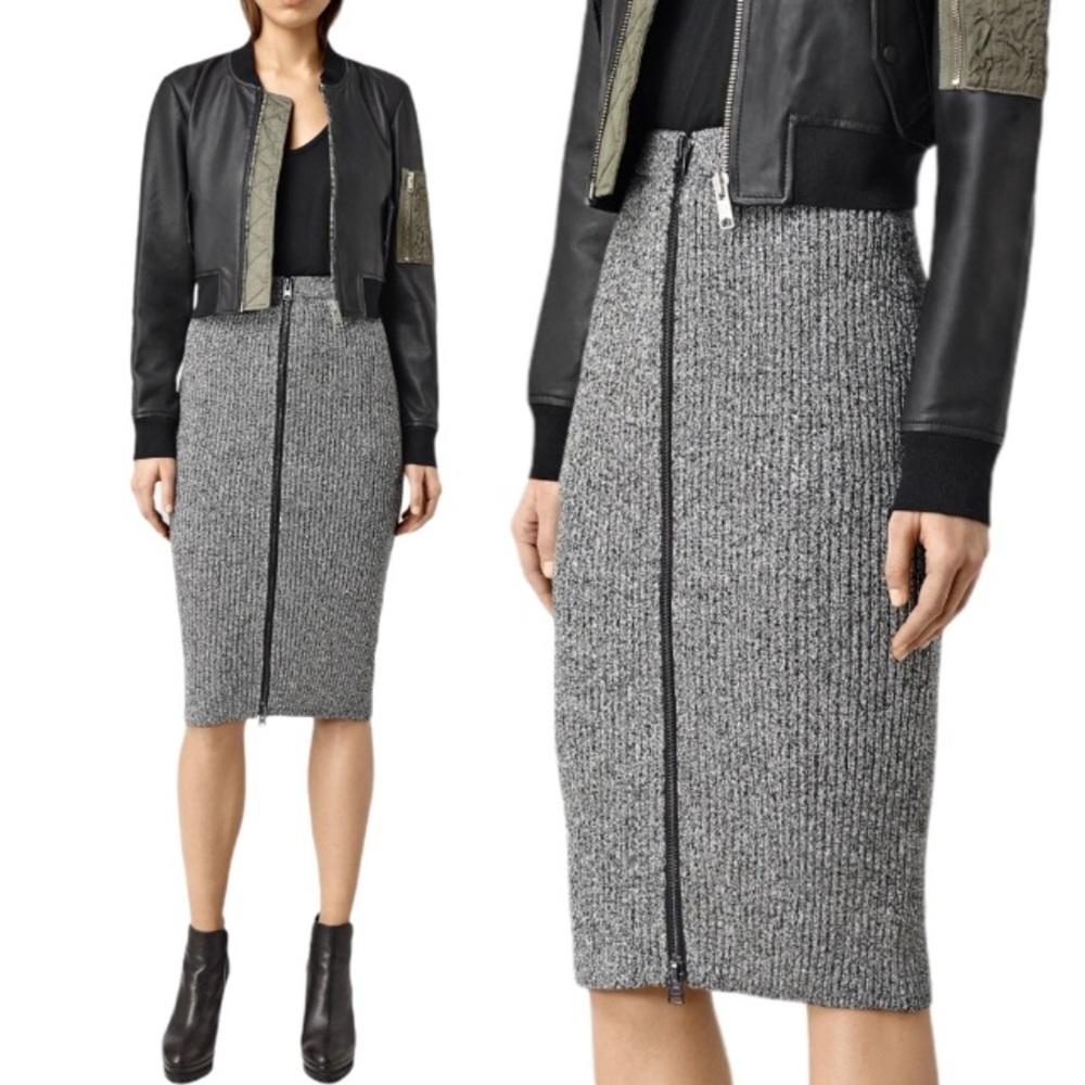 All Saints Aylen Knit Full Zip Ribbed Pencil Skirt - Size 0